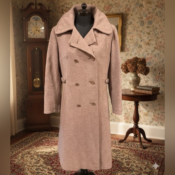 Vintage 60s ILGWU Wool Double Breasted Long Trench Coat Camel Tan Union L/XL - Picture 2 of 13